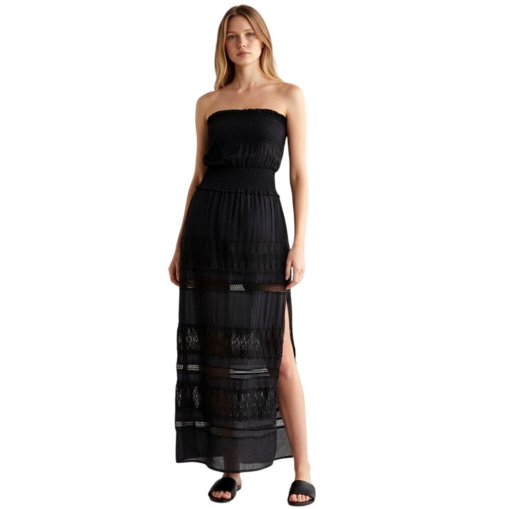 Elan Lace Black Crochet Dress Strapless Maxi Cover Up Women's Medium Slit Sides